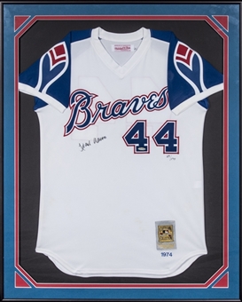 1974 Hank Aaron Signed Atlanta Braves Cooperstown Mitchell & Ness Jersey in 32x40 Framed Display (LE 29/174) (UDA & JSA)